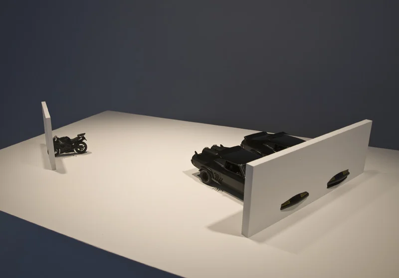 Model for an Interceptor + R6 Intersection , 2010, 1:18 scale models of the 'Mad Max' and 'Mad Max 2' Interceptors and Yamaha R6, motorcycle, intersecting two walls, edition AP