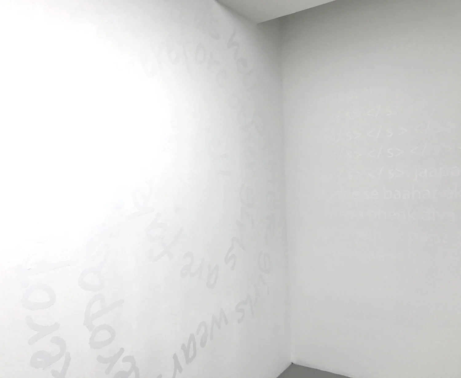 Left: Detail of: I'm going to talk about something very serious and I hope no one gets offended (sour grapes) , 2012/2017, acrylic vinyl and latex deep base paint, dimensions variable Right: Detail of: mujhe pata hai main kuchh kar raha hoon (Hindi Google translation), 2012/2017, acrylic vinyl and latex deep base paint, dimensions variable