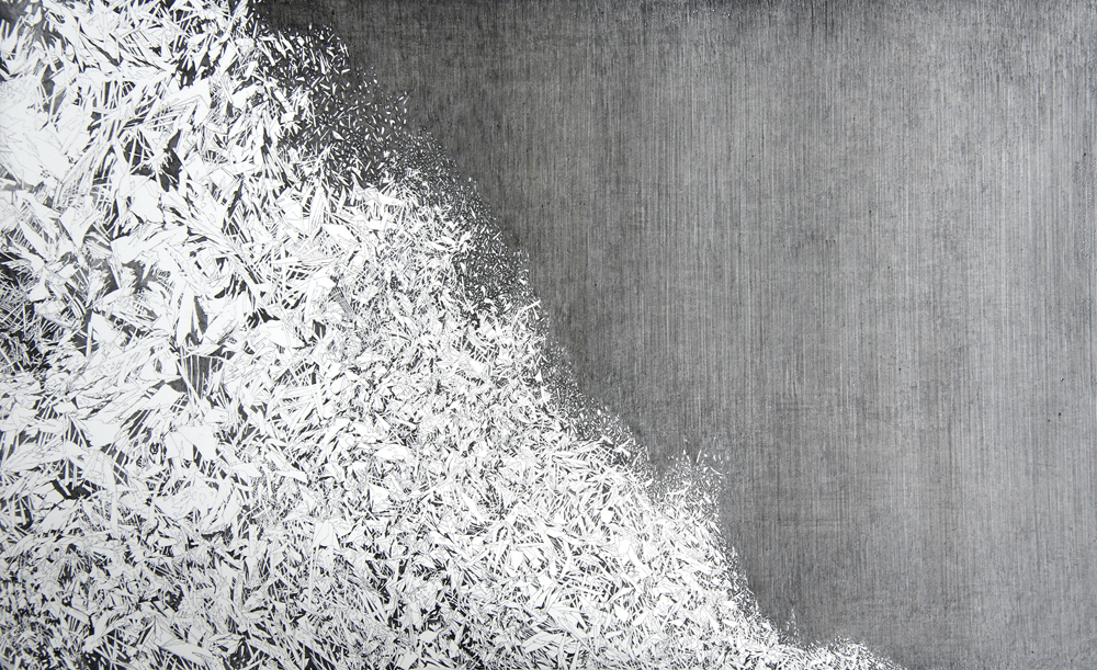 Cusp , 2013, paper: 8 x 13 inches; framed: 9.25 x 14.25 inches, lead, marble gesso, paper on panel