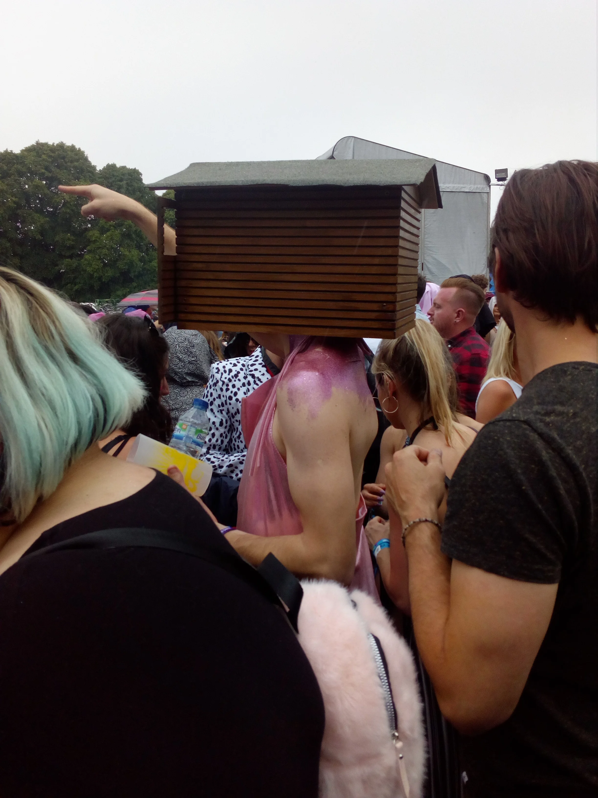 At some point the pink guy put the bird house on.