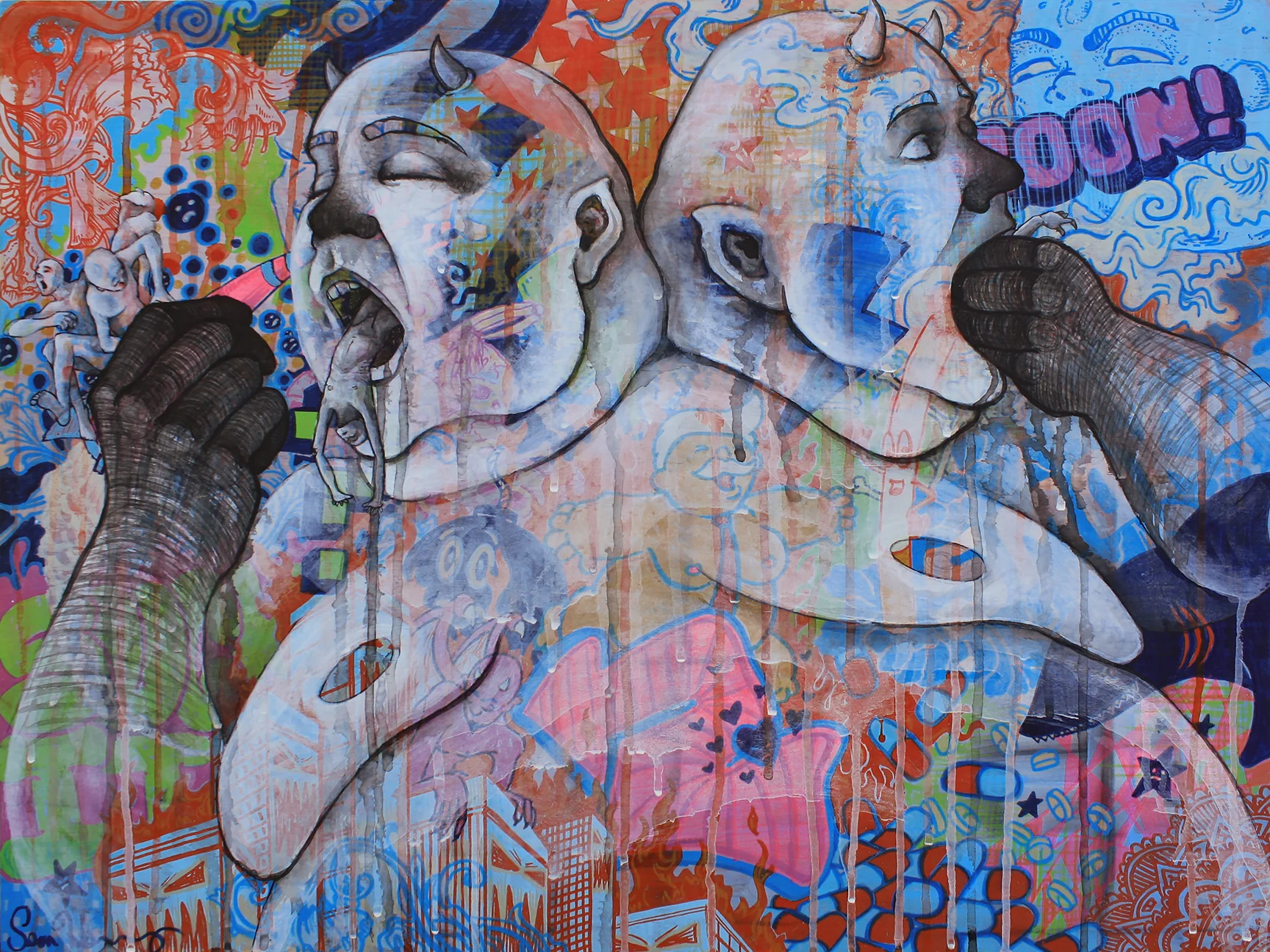 "The Two Party" Acrylic, Gesso, India Ink on Panel, 24" x 18"