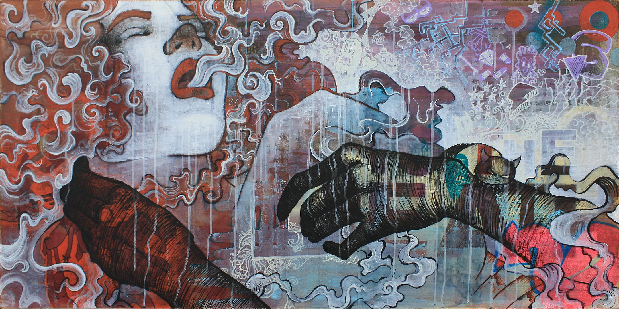 "To the Death" Acrylic, Gesso, Spray Paint, India Ink on Panel, 24" x 48"