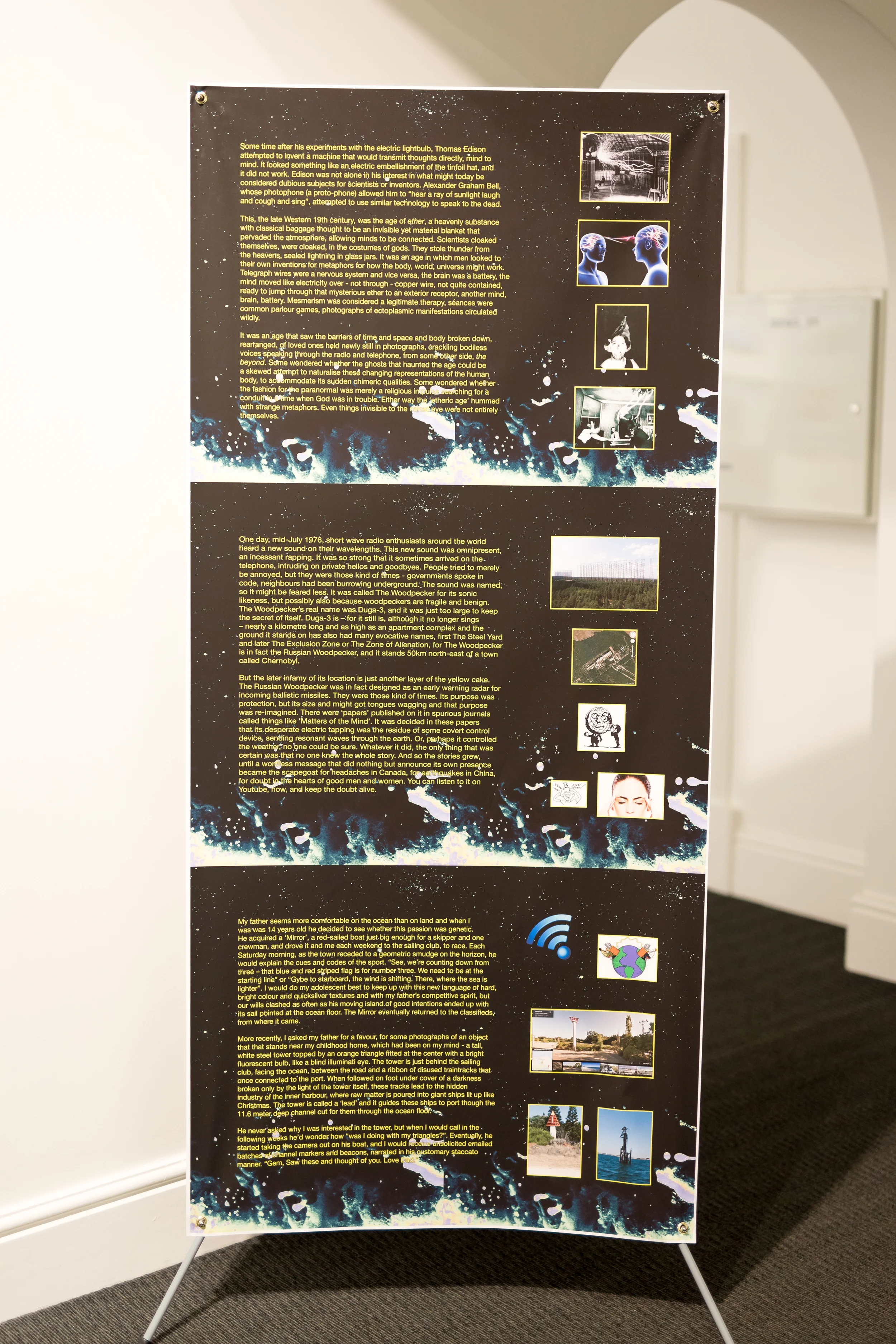 Gemma Weston, Three Stories About Mixed Messages (2.0), 2012-16, digital print on Polyester, X-Banner stand