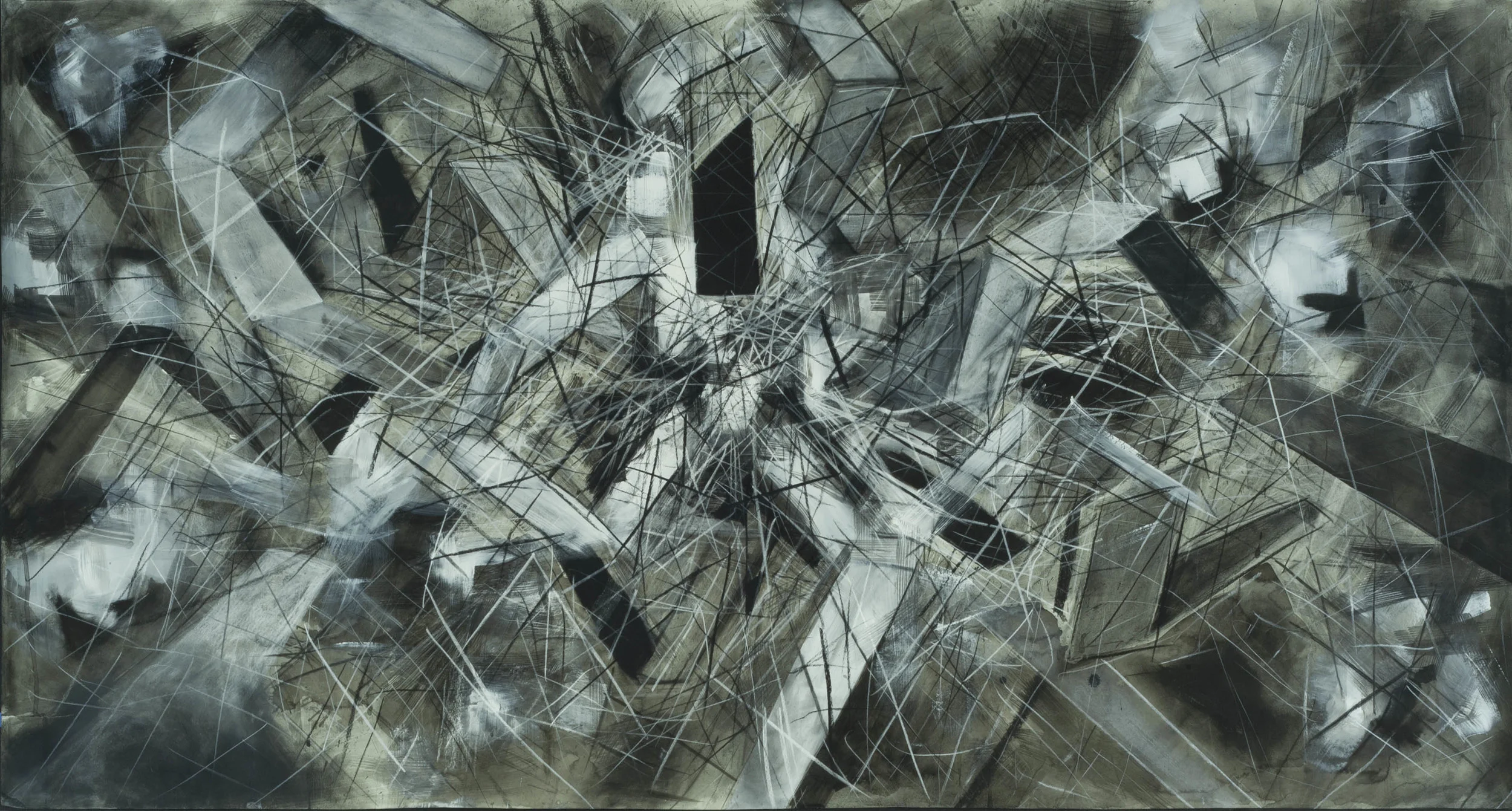 Vortex, charcoal, ink, and acrylic on paper, 36" x 70" 