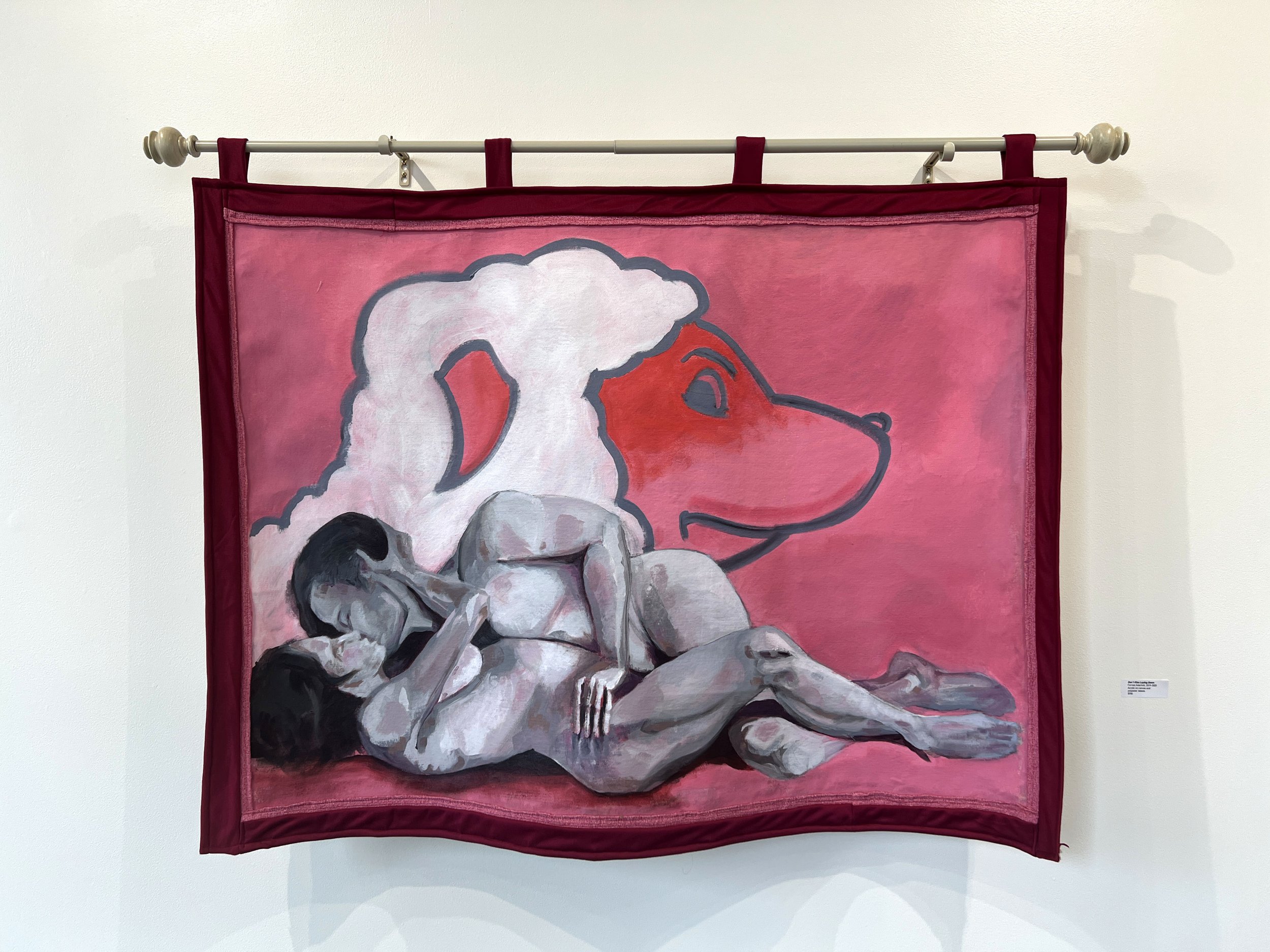  Don’t Kiss Laying Down , acrylic on canvas with blended fabrics, 44 ¼” x 31 ½”, 2019-2023 