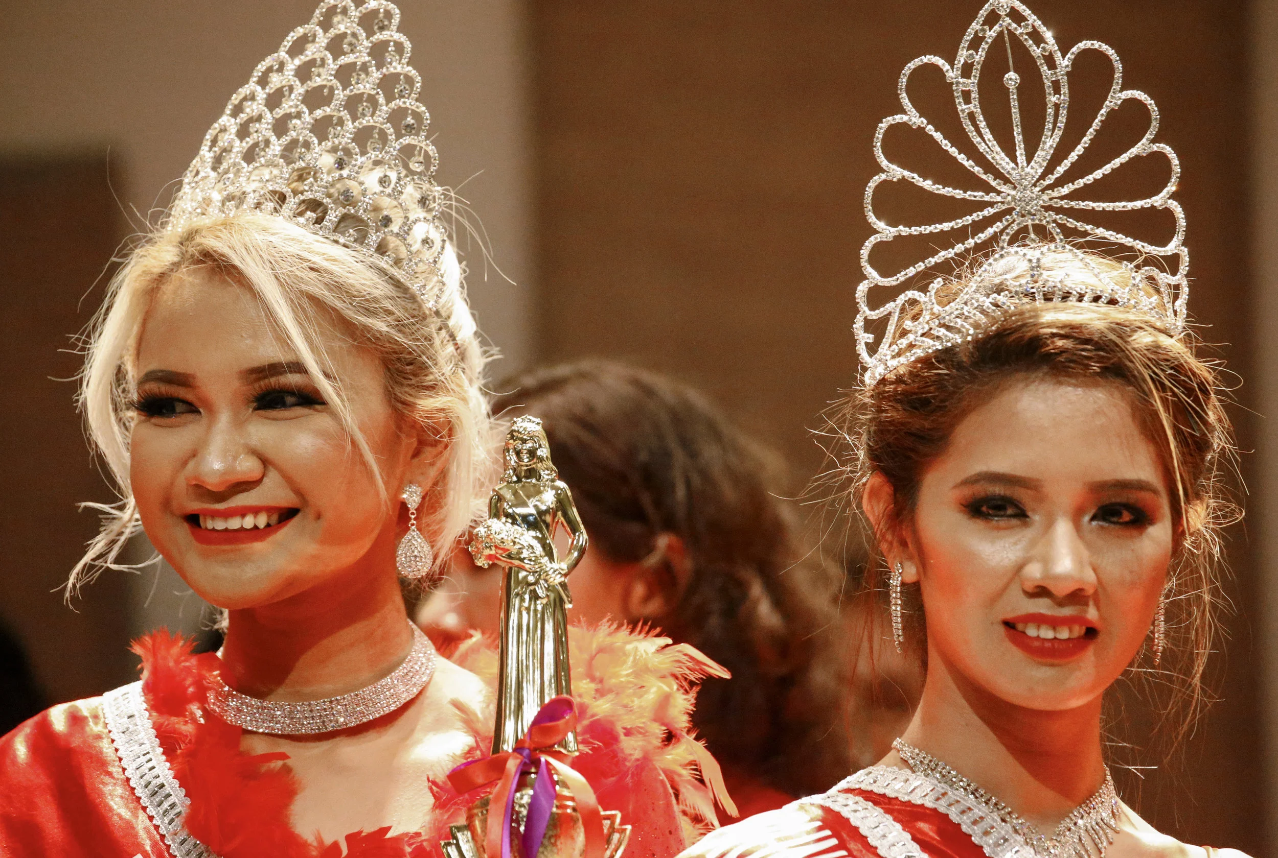 Contestants line up on stage at Rampstar 2018, a beauty pageant organised largely for Filipino domestic helpers in Singapore, July 29, 2018. REUTERS/Feline Lim