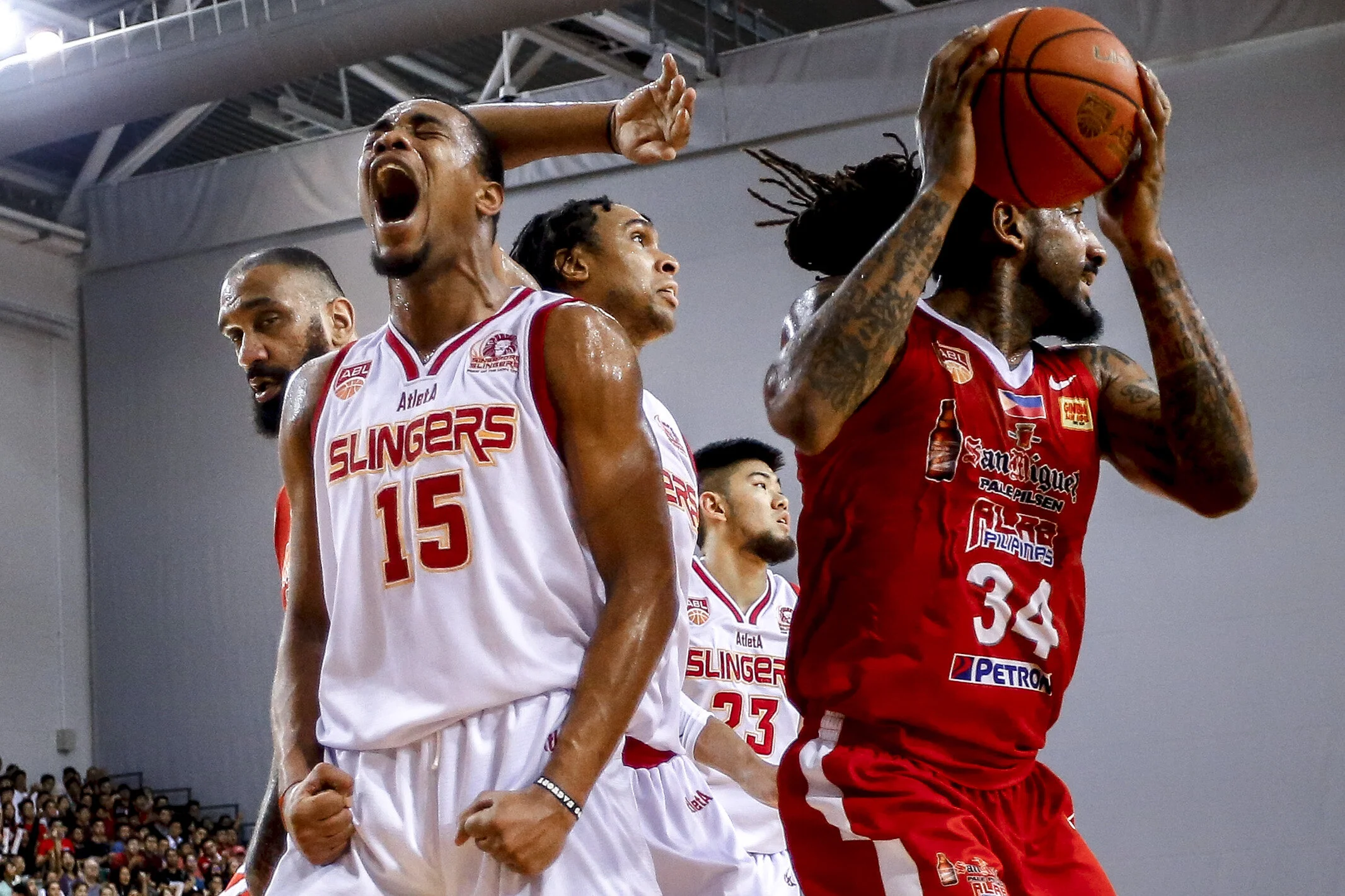  Xavier Alexander of the Singapore Slingers react against the San Miguel Alab Pilipinas during the ASEAN Basketball League at the OCBC Arena in Singapore, March 3 2019. 