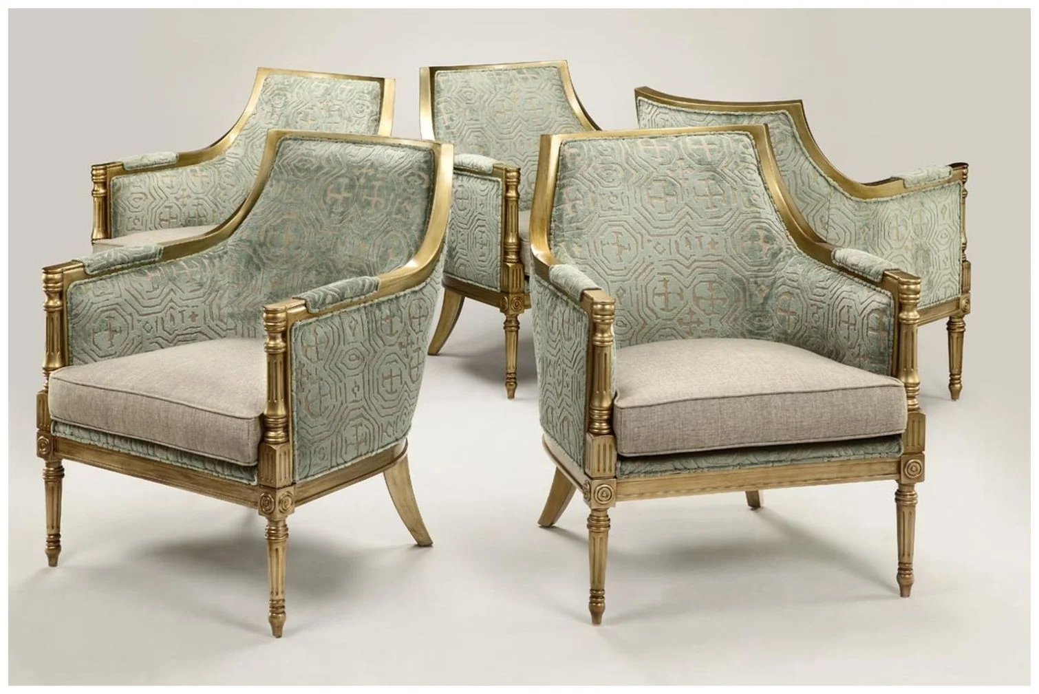 Custom Upholstered Armchairs with Gilded Finish