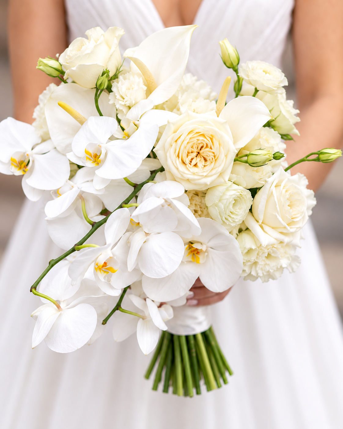A bride holding a bouquet of white flowers, including orchids and roses, with a blurred background.
