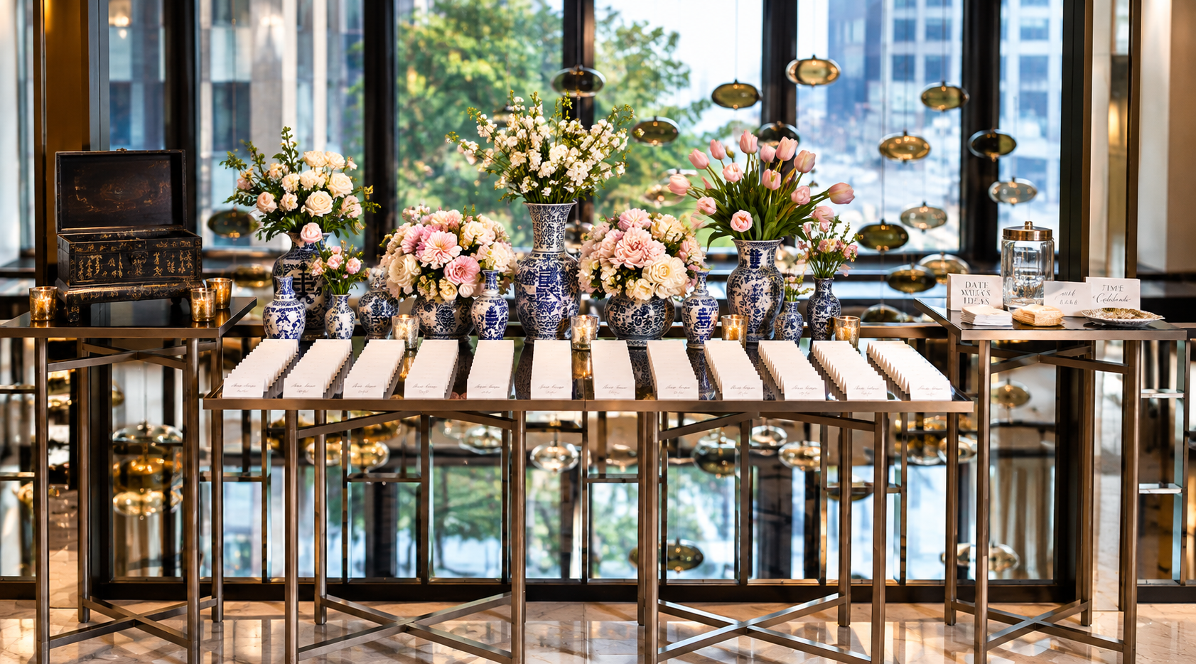 A decorative table with blue and white floral vases filled with pink and white flowers, surrounded by candles, in front of large windows with a city view. There are also cards, a glass jar, and small plates on the right side of the table, indicating 