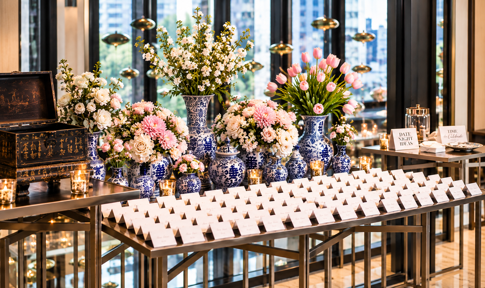 Arrangement of pink and white flowers in blue and white vases on a table with small white cards and candles, near a window.