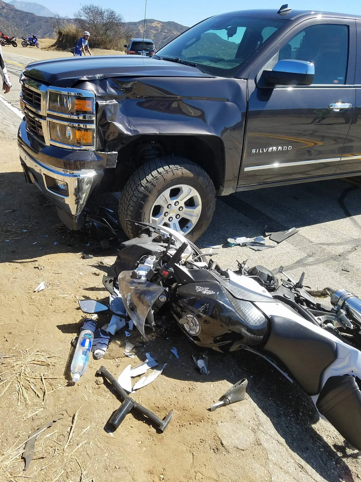(Pictured above, a motorcycle accident that The Adrian Law Firm handled. The Adrian Law Firm recovered $250,000.00 for the motorcycle rider who was cut off by the driver of a Chevrolet Silverado on Glendora Mountain Road)