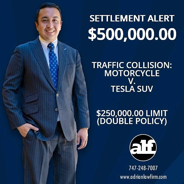 In February 2020, a Tesla driver negligently attempted a left turn directly in front of my client, causing a crash and injuries.

I'm extremely honored that motorcyclist chose me to represent him. After a LOT of fighting, we got what we wanted: 

Jus