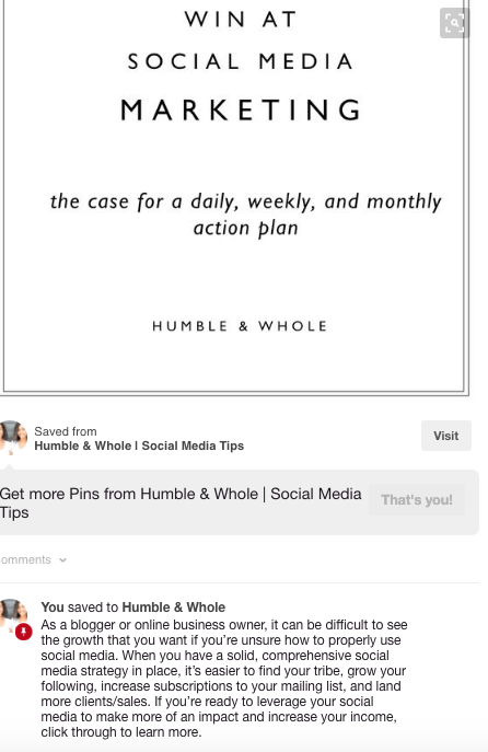 you can see here that our pin descriptions are also keyword rich to boost the visibility of this pin. we use keywords such as "blogger", "online business Owner" "social media strategy" "grow your following" and "find your tribe"