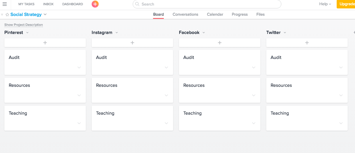 We use Asana to outline our social strategy process to help us cover all the bases when performing an audit of our clients' social platforms! 