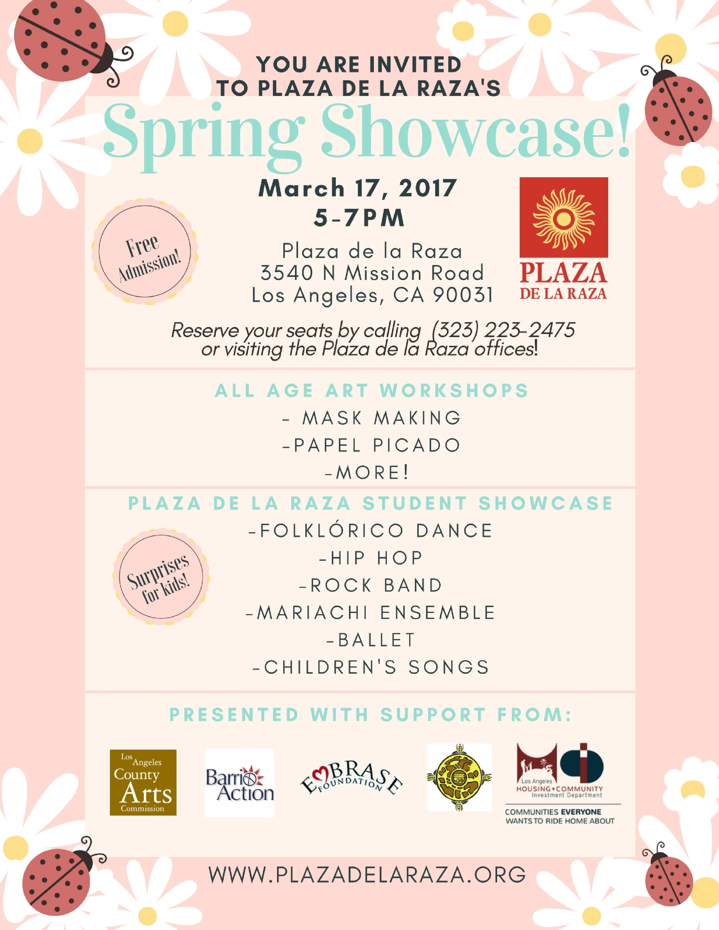 Our Spring Showcase will be held on Friday, March 17, from 5pm-7pm. Join us for all ages art workshops in mask making, papel picado, and more! Some of our best dance and music students will also perform for the community. Plus, we'll have special surprises for the kids! 