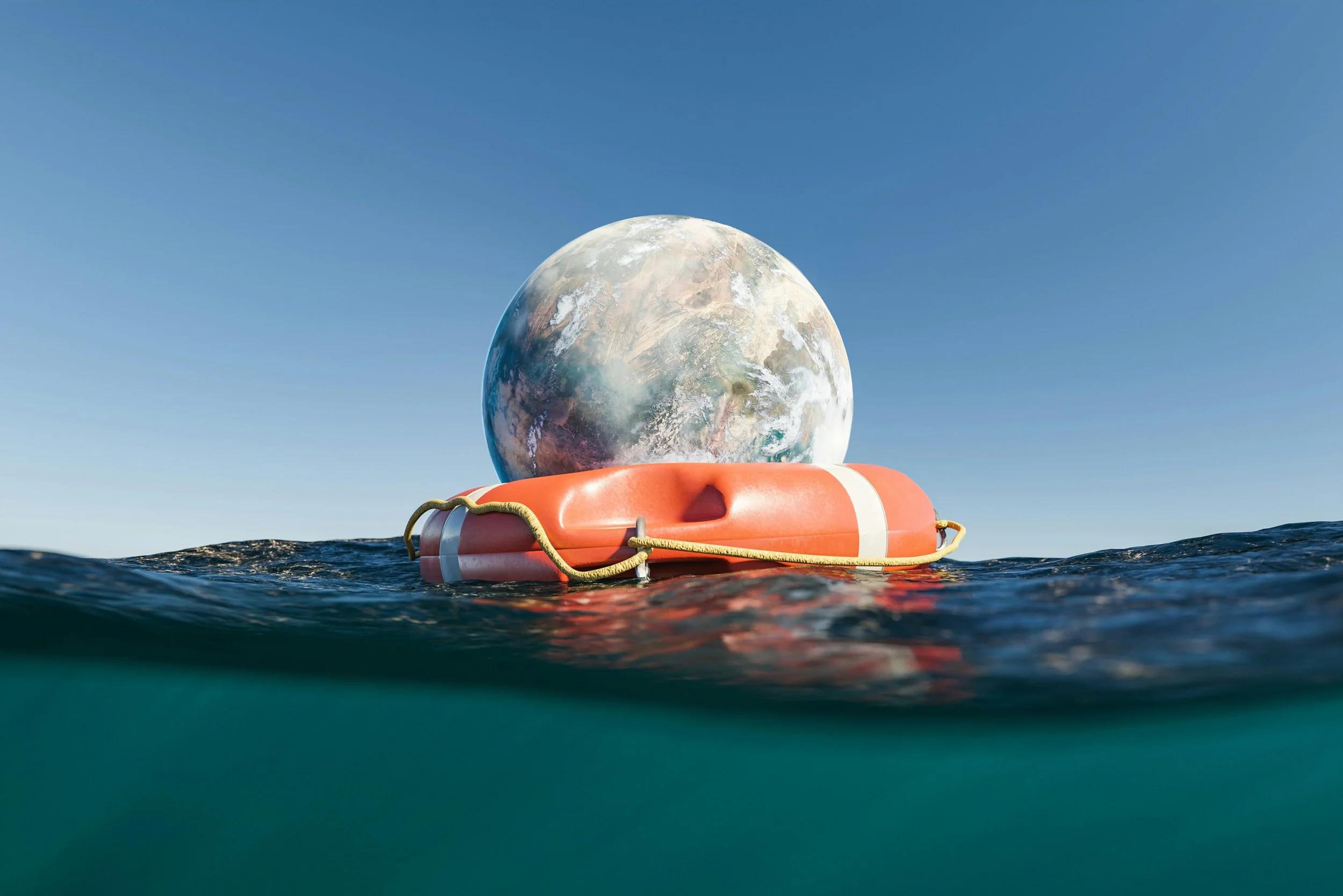 World floating on a Life Raft on the Sea.