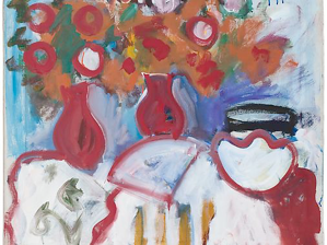 Table Still Life with Red Vases, Fan and Bowl, 1968. Oil on canvas, 30 x 34 inches