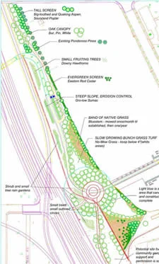 The landscaping plan created by Gina Bonsignore. (Only the section north of the trail was planted this year.)