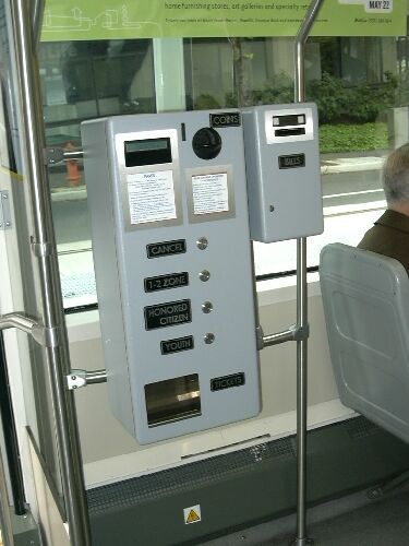 Ticket vending machine on Portland streetcar. Photo courtesy of Light Rail Now, L. Henry, 2005 .