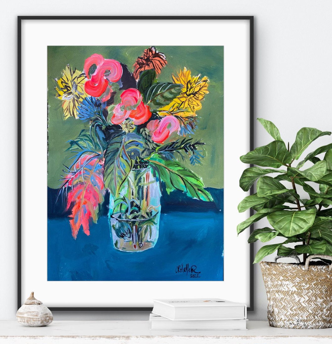 Original artwork flowers in a glass vase in a black frame