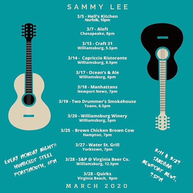 Here&rsquo;s March! Come find me all over Hampton Roads... maybe I need a loyalty rewards program for all of you who have continued to support me, following me at every gig..🤔 See you soon!!