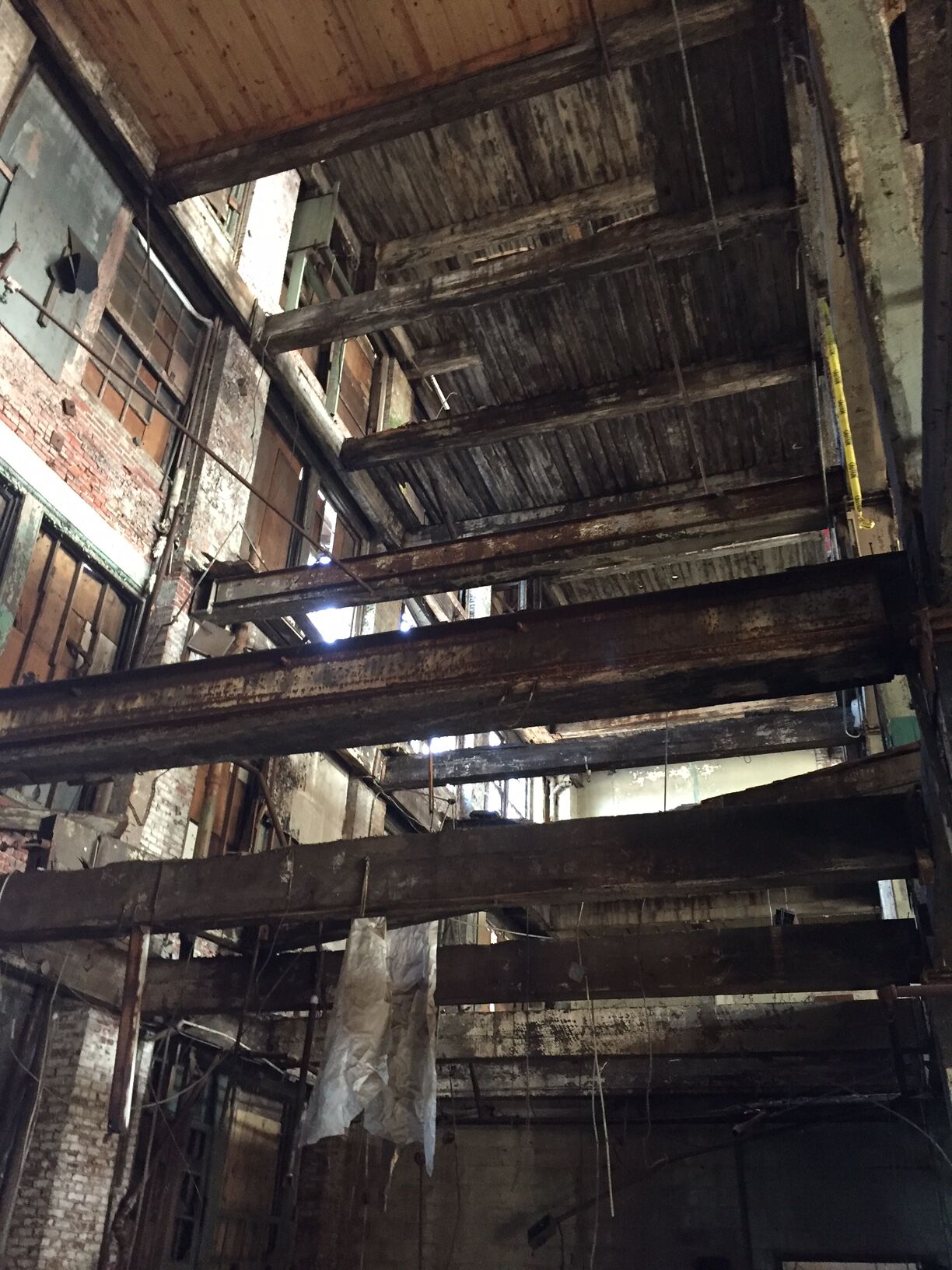   View looking up from the first floor through the five stories of the factory.&nbsp;  