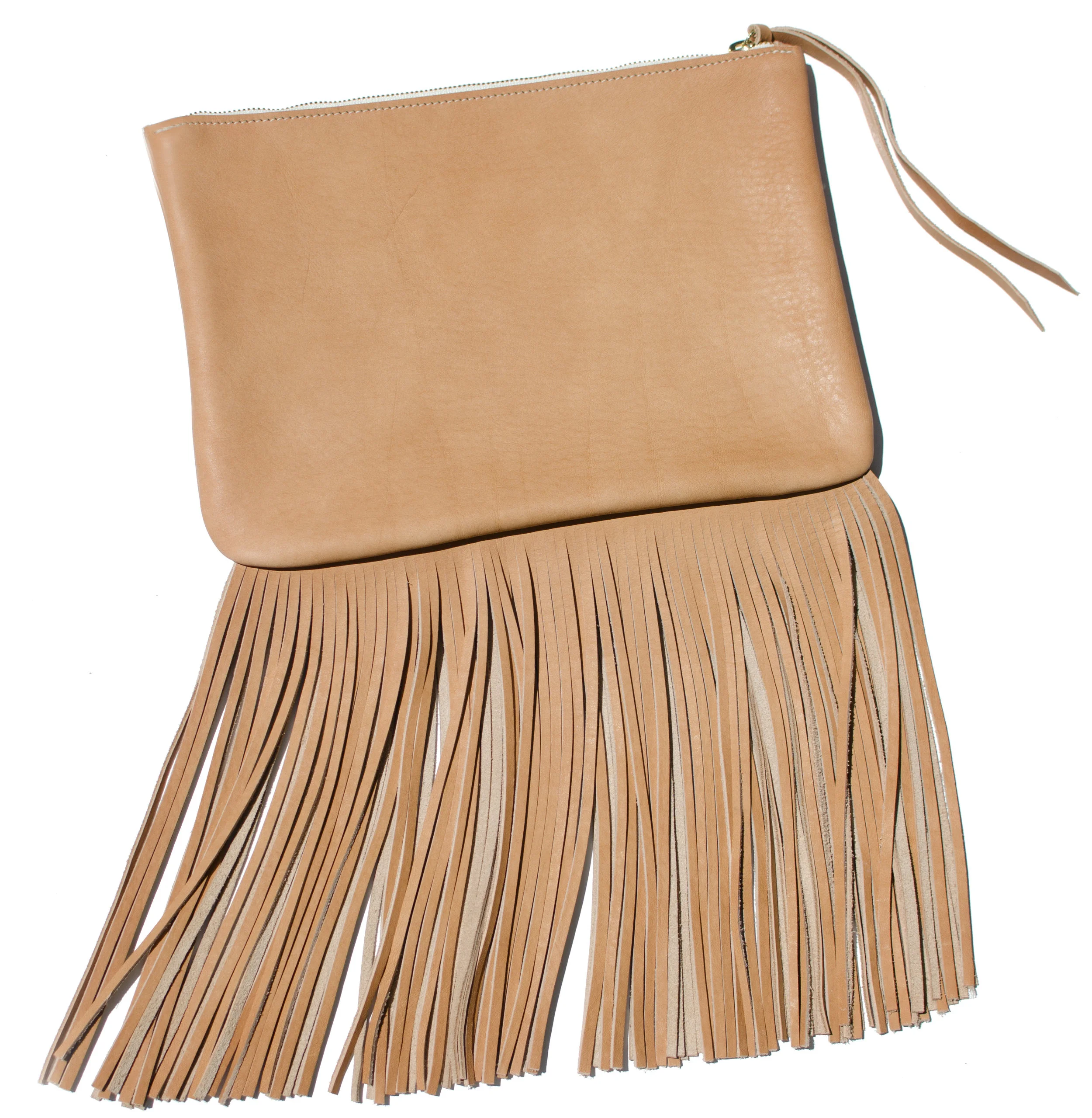 BARA leather fringe clutch in natural