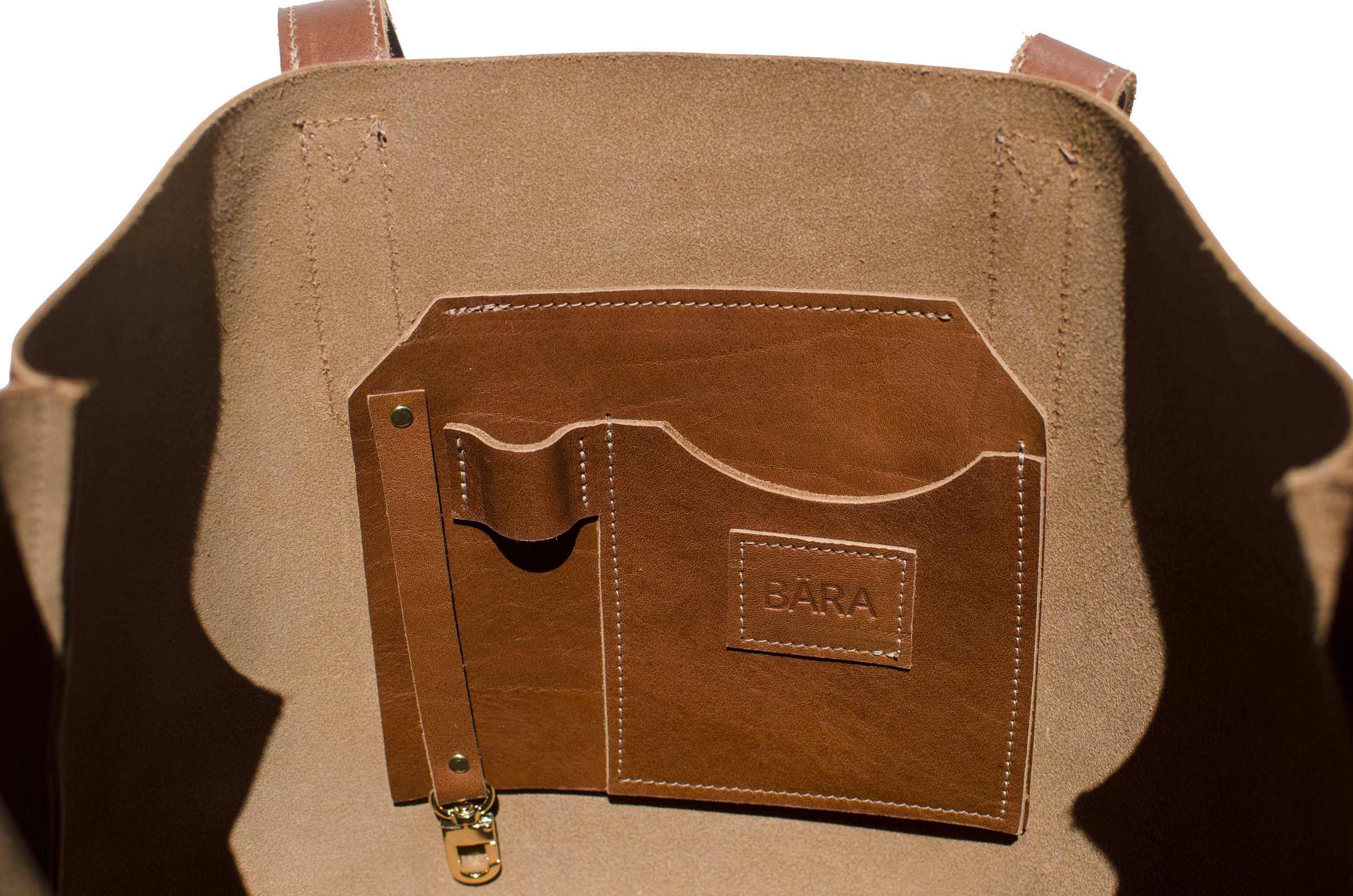 BARA Cognac Leather Tote interior