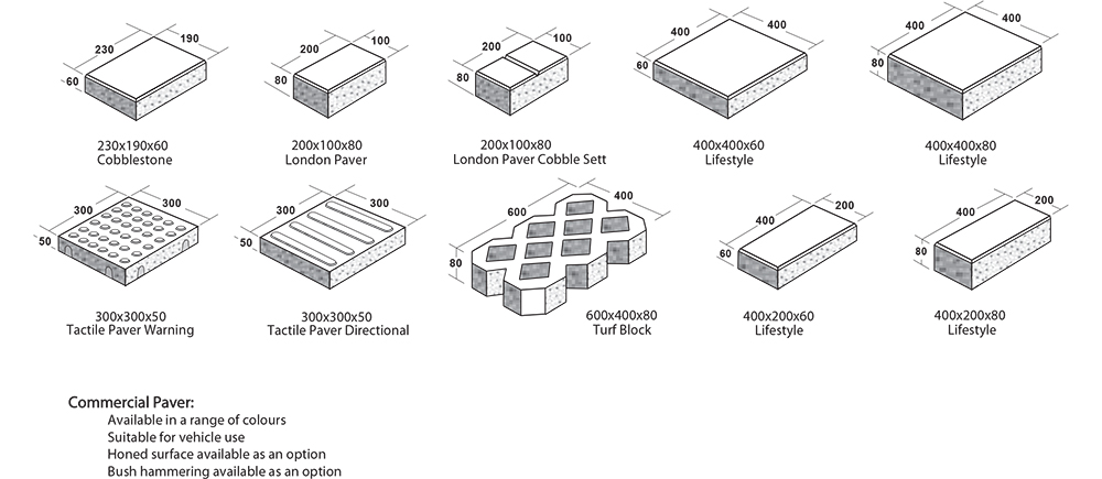 Commercial Paver: Available in a range of colours, Suitable for vehicle use, Honing available as an option