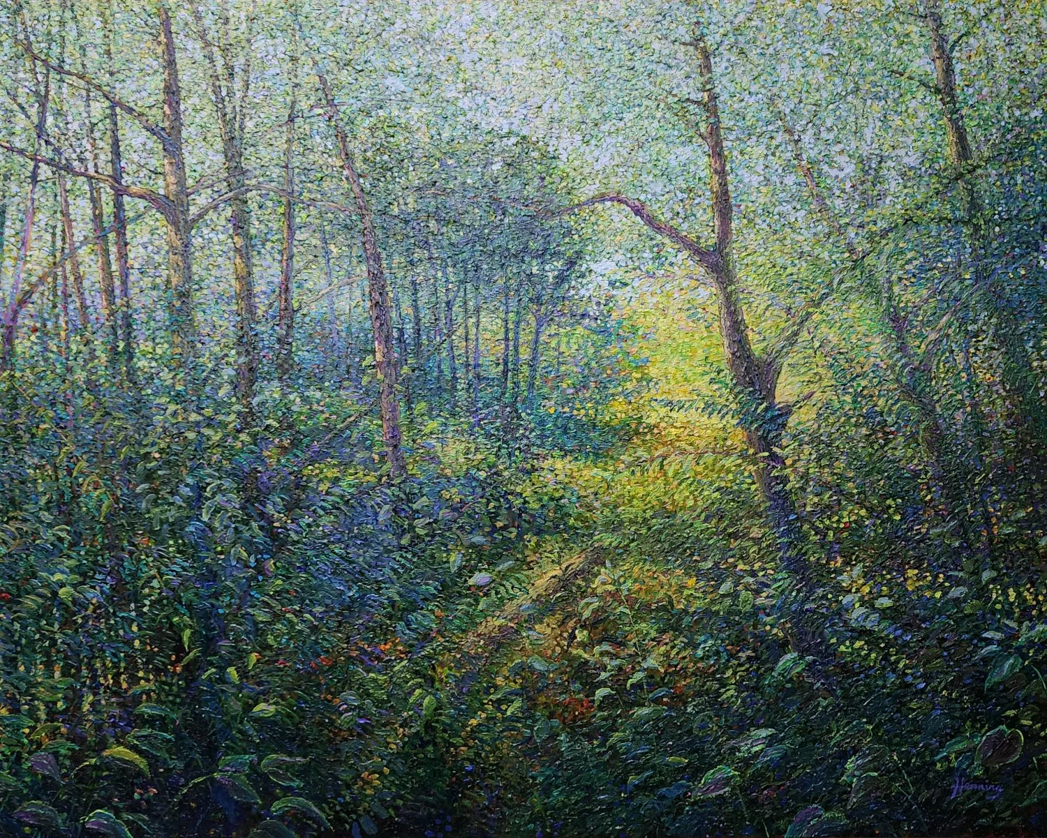 Large-scale contemporary impressionist forest painting with layered green, gold, violet, and teal brushwork; no visible path, creating an immersive woodland environment.