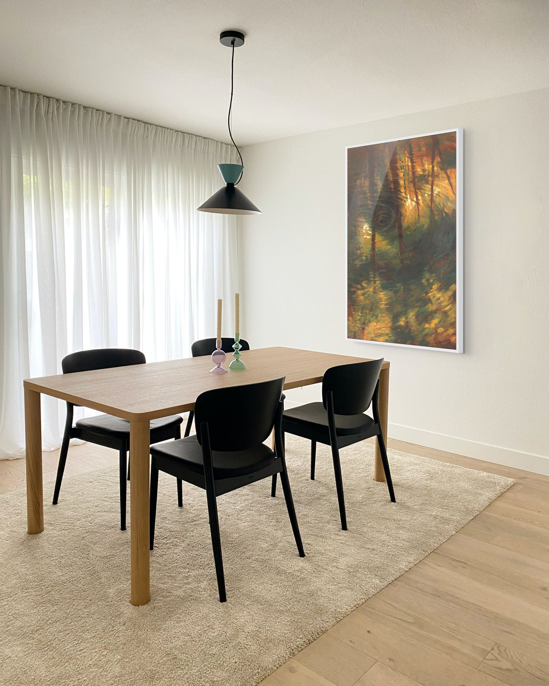 Colorful vertical forest landscape painting in a neutral contemporary dining room