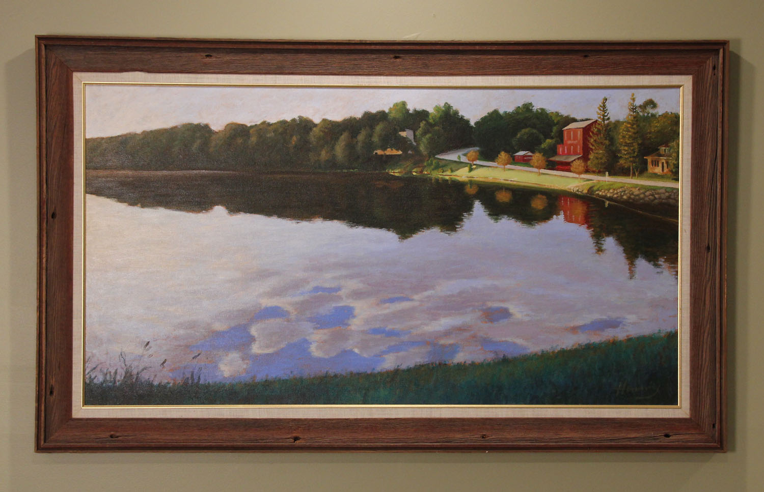 Morning Dances Another sofa-sized image from west central Minnesota, Terrace Mill painted as the rising summer sun skims across the mill pond and lights this historic mill... as most people rarely see it. Canvas: 48" x 26" | Frame: 55" x 33" SOLD 