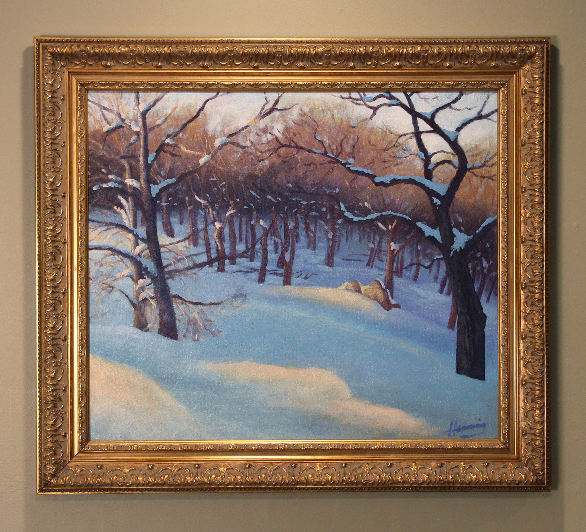 Between Dog and Wolf Smaller painting (for me, a miniature) of the view out my studio window. The title is from a French idiomatic expression for "dusk" - I thought this very appropriate for the warm light at day's end (dog) contrasting with the encroaching cool shadows of the coming night (wolf). Canvas: 28" x 24" | Frame: 34.5" x 30.5" SOLD