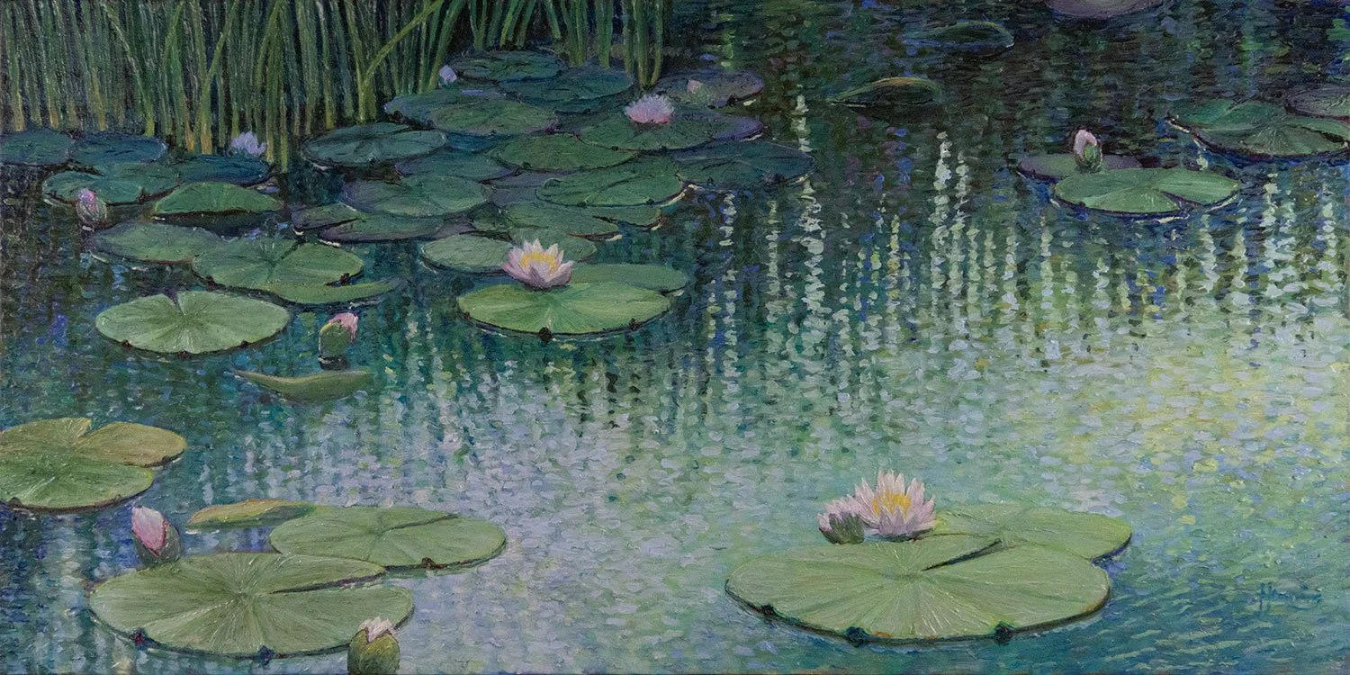 Twilight Serenity by Stephen Henning, contemporary water lily pond landscape painting with reflections and lilies, acrylic on canvas