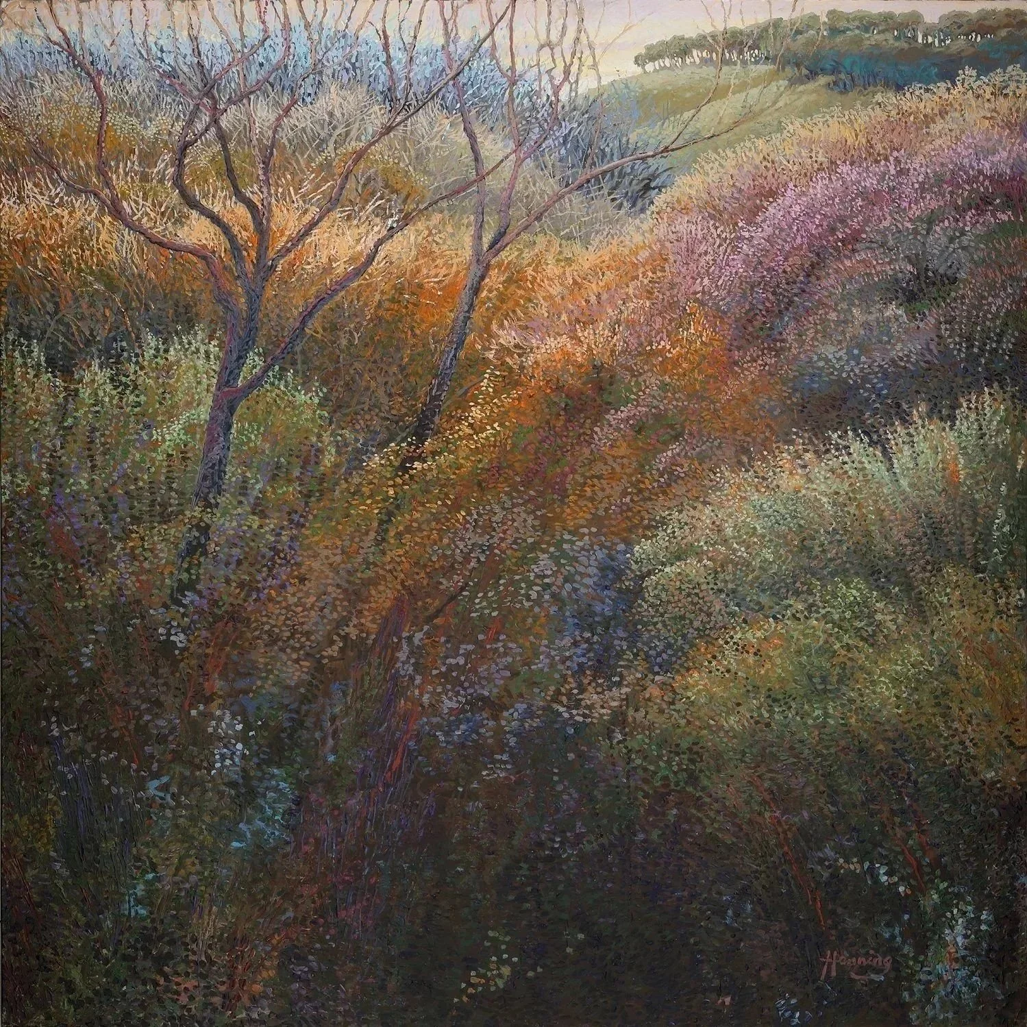 Vernal Spectrum by Stephen Henning, 60x60 contemporary impressionist landscape painting with vibrant layered spring color, acrylic on canvas.
