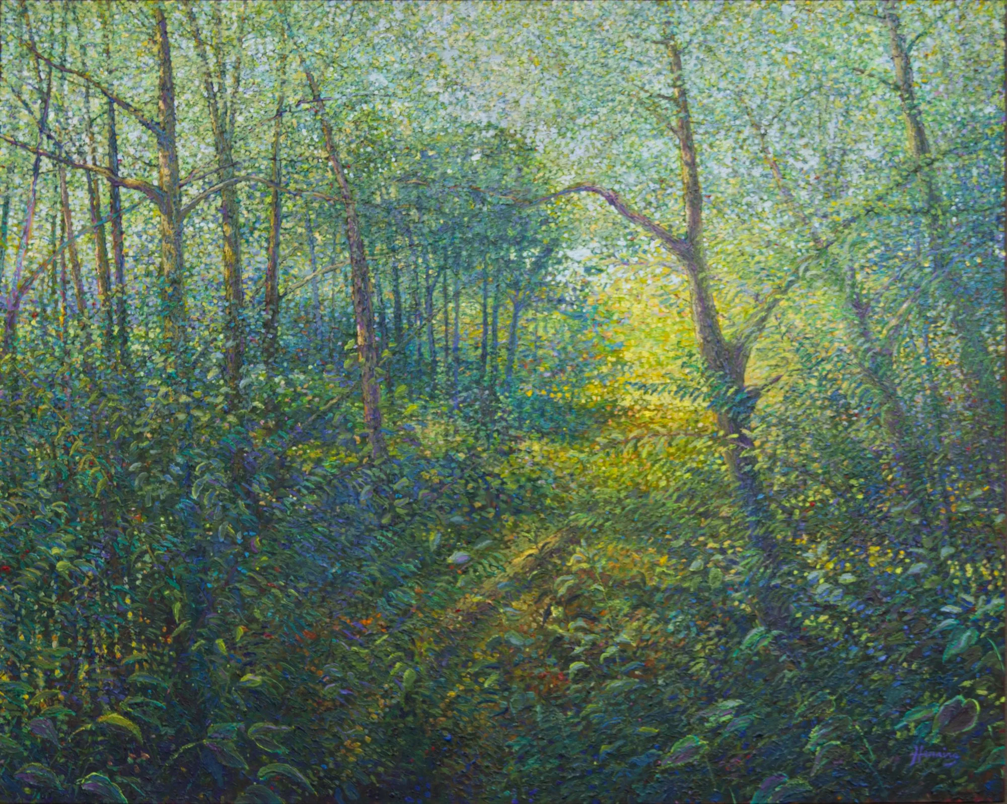 A Walk Through the Forest by Stephen Henning, large-scale contemporary forest landscape painting with lush green foliage and light filtering through trees