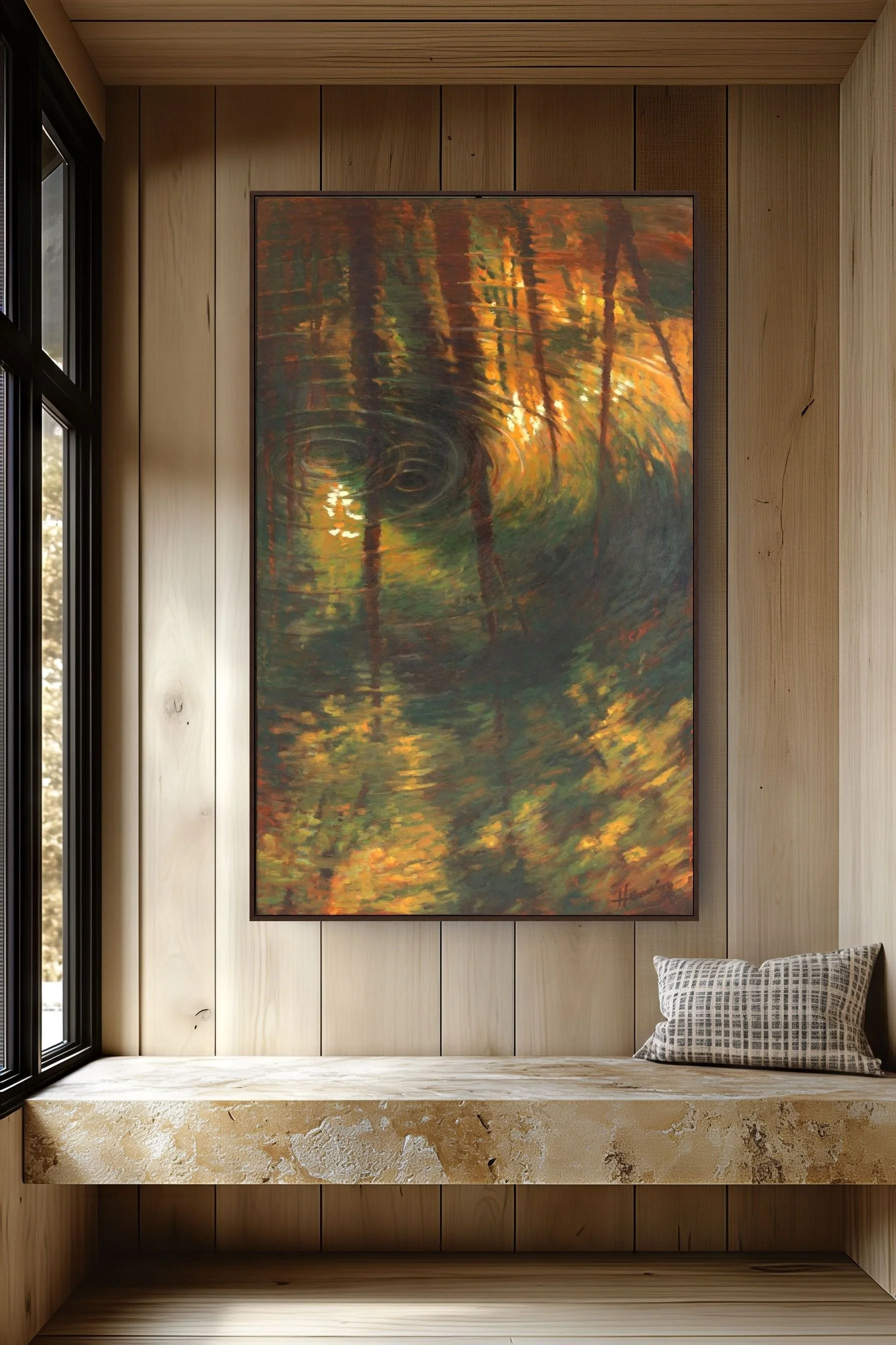 Large contemporary Impressionist landscape painting displayed in a custom wood-paneled reading nook