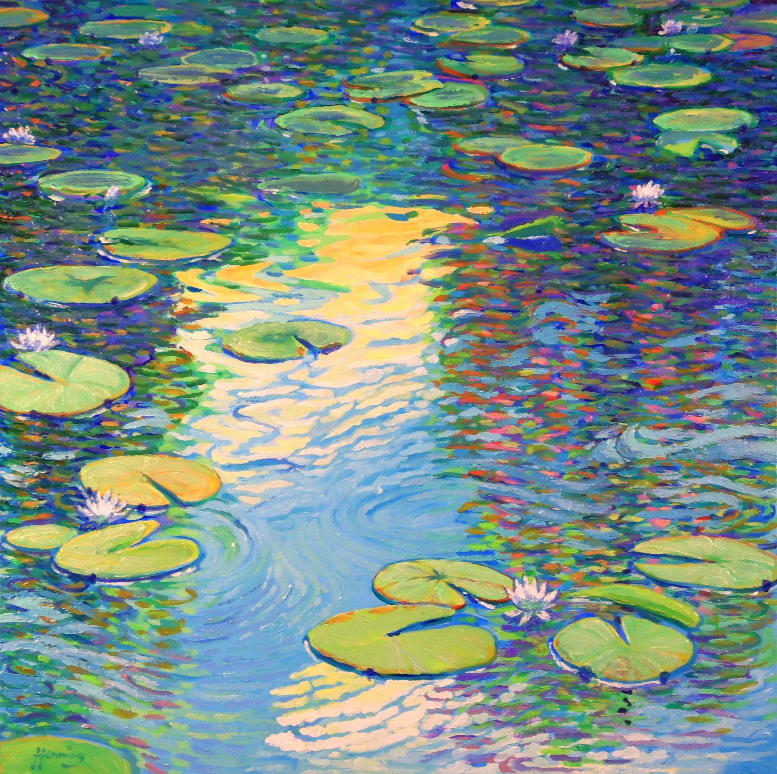 Original impressionist painting of water lilies floating on a tranquil pond, with luminous blue reflections and evening light shimmering across the water.
