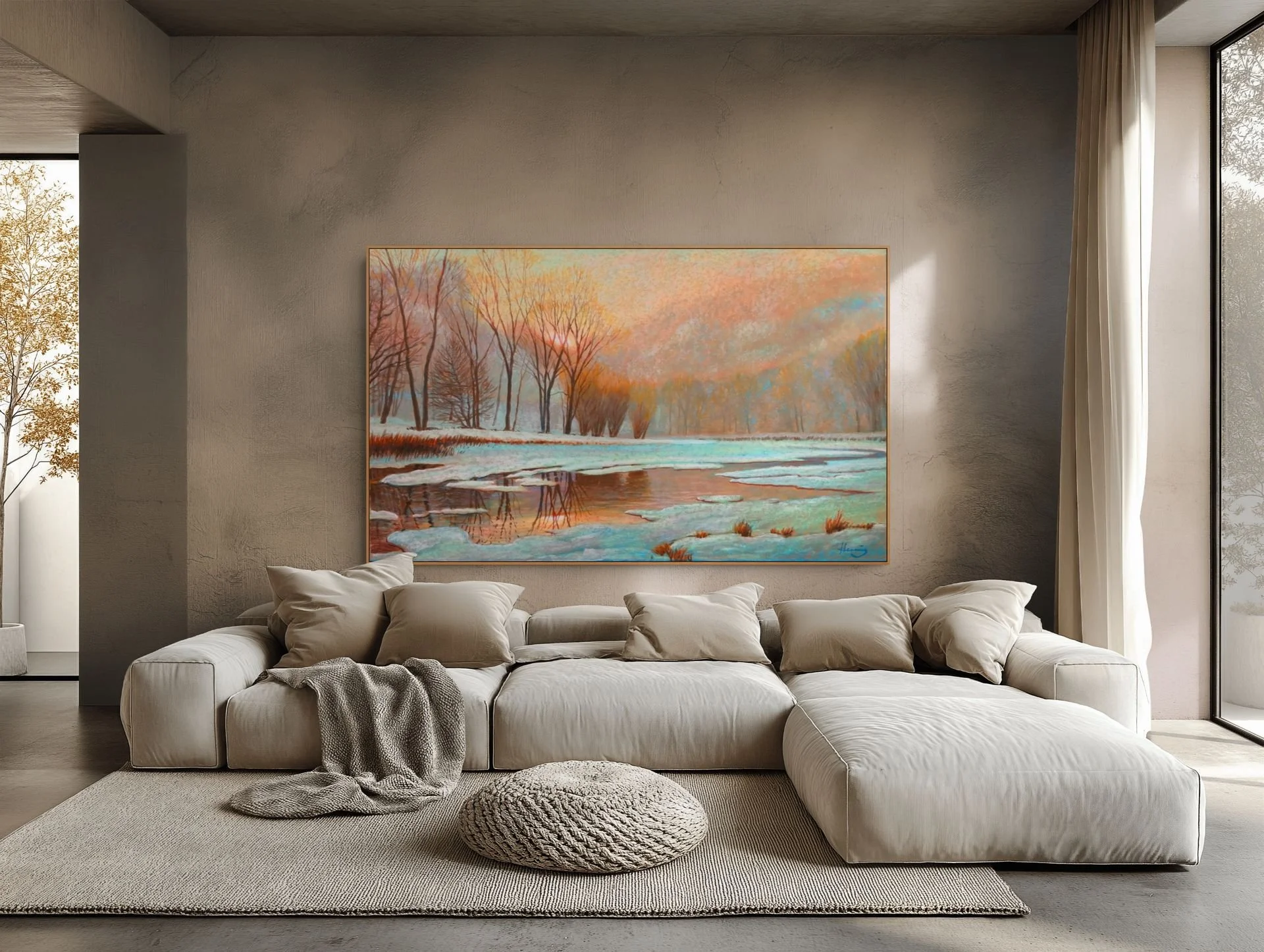Large colorful landscape painting Spring Thaw displayed above a sofa in a contemporary living room.