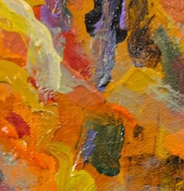 Extreme closeup detail from Where Autumn Gathers Light by Stephen Henning, revealing layered brushwork, broken color, and thick contemporary Impressionist paint surface in luminous autumn tones.