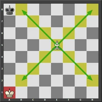 The Bishop is not currently attacking the Black king as he is not in the way of the Bishop's path. On the other hand, the bishop cannot travel to the square a1 as the white king is already on that square.