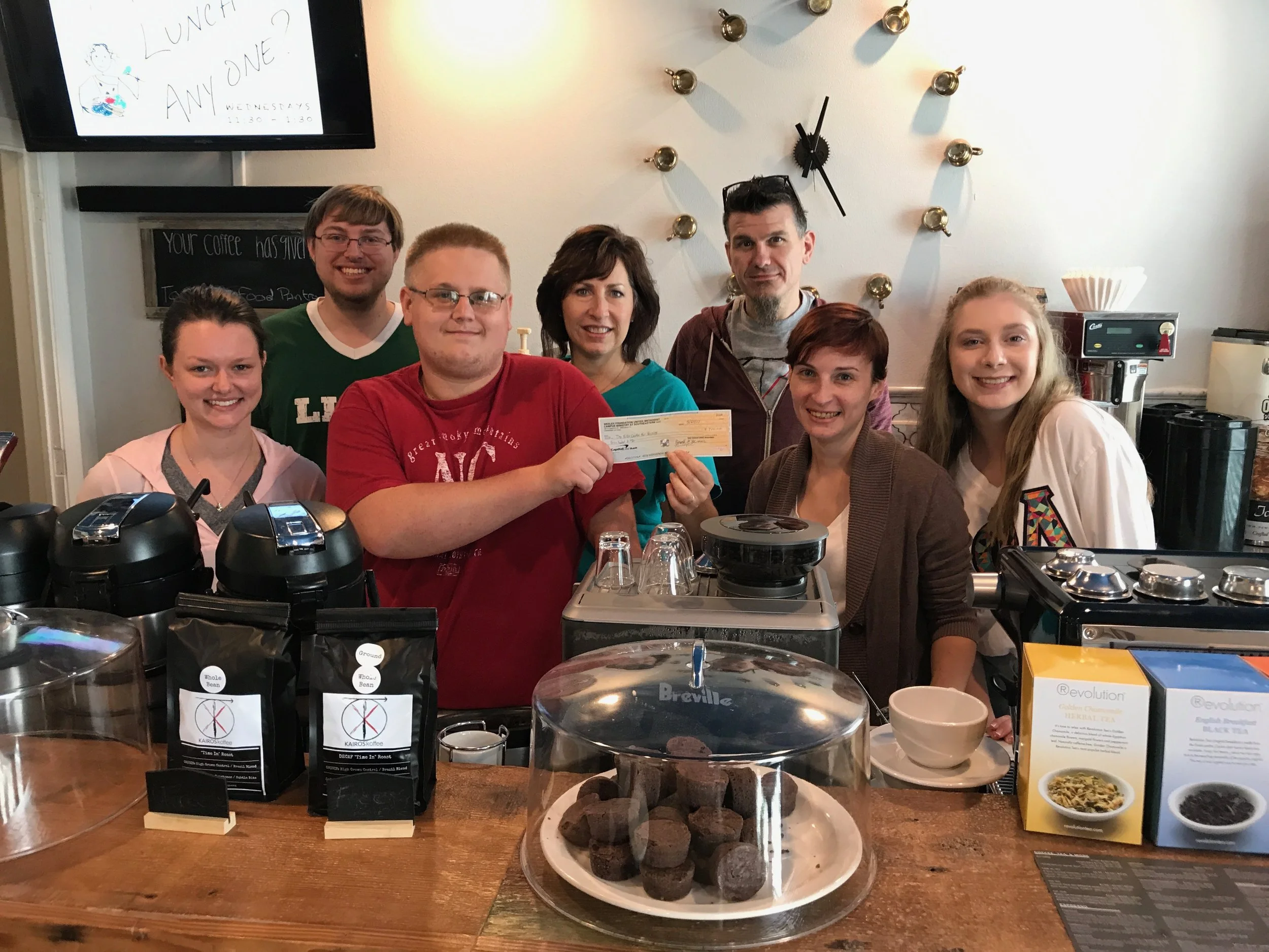 Pictured left to right: Melissa Wickham, Neal Babb, Zach Mitchell, Tamara Danel, Sam Hubbard (Wesley Foundation Pastor and Director), Melissa Guerra (Wesley Foundation Associate Pastor and Director) and Lilly Torbert.