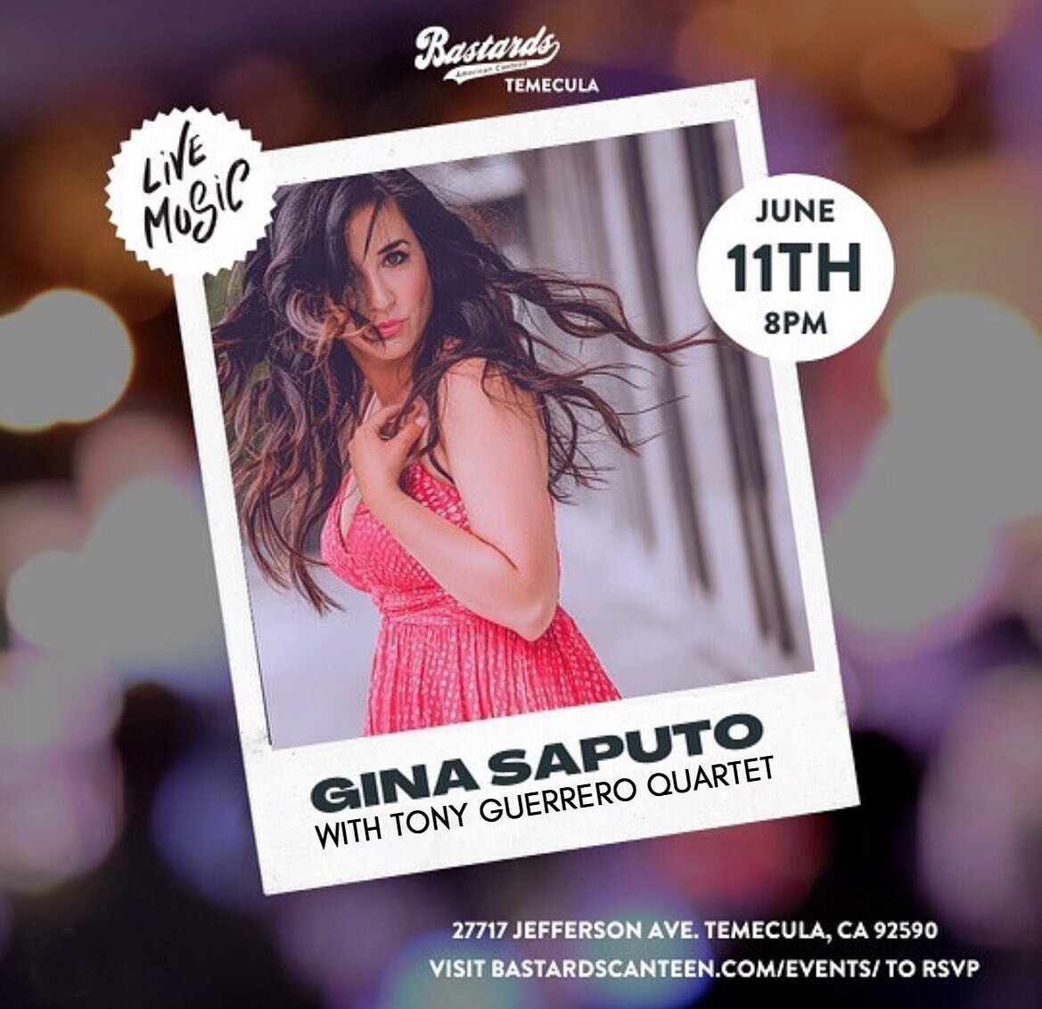 Can&rsquo;t wait for this! 💕 come out, Temecula!&hellip;la la la. 
Featuring myself with: 
Tony Guerrero- trumpet
Miles Jensen - gtr
Anthony Shadduck - bass
Dean Koba - drums

Repost from @bastardscanteen
&bull;
Bastards Temecula presents Gina Sa