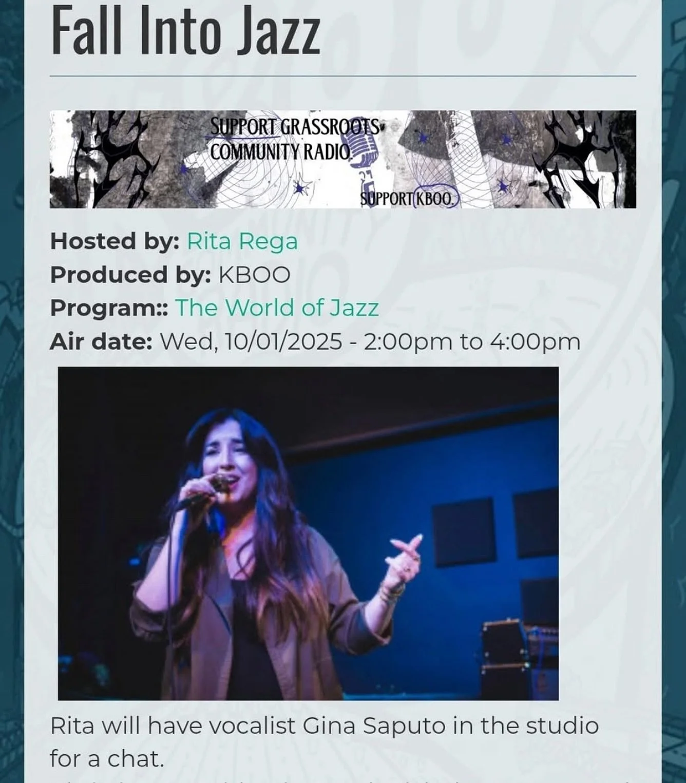 Tune in to @kbooradio today from 2-4pm to hear my interview with the great Rita Rega @__metermaid 
We&rsquo;ll be chatting and talking about this Saturday&rsquo;s Albina Jazz performs at @albertaabbeypdx 🎤💜&hellip;la la la.