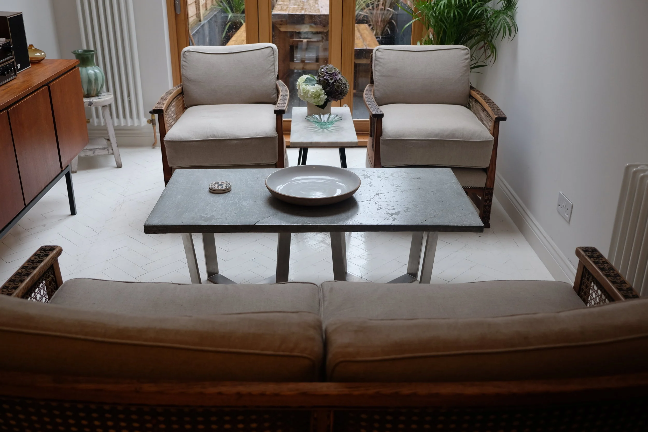  Bergere suite re-upholstered in rustic linen with new foam core and feather cushions 