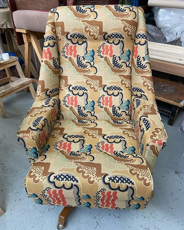 Finished in gorgeous Laura Ashley &lsquo;Clouds&rsquo; print fabric #upholstery #lauraashleyhome #print #interiors #swivelchair #leyton #hackney