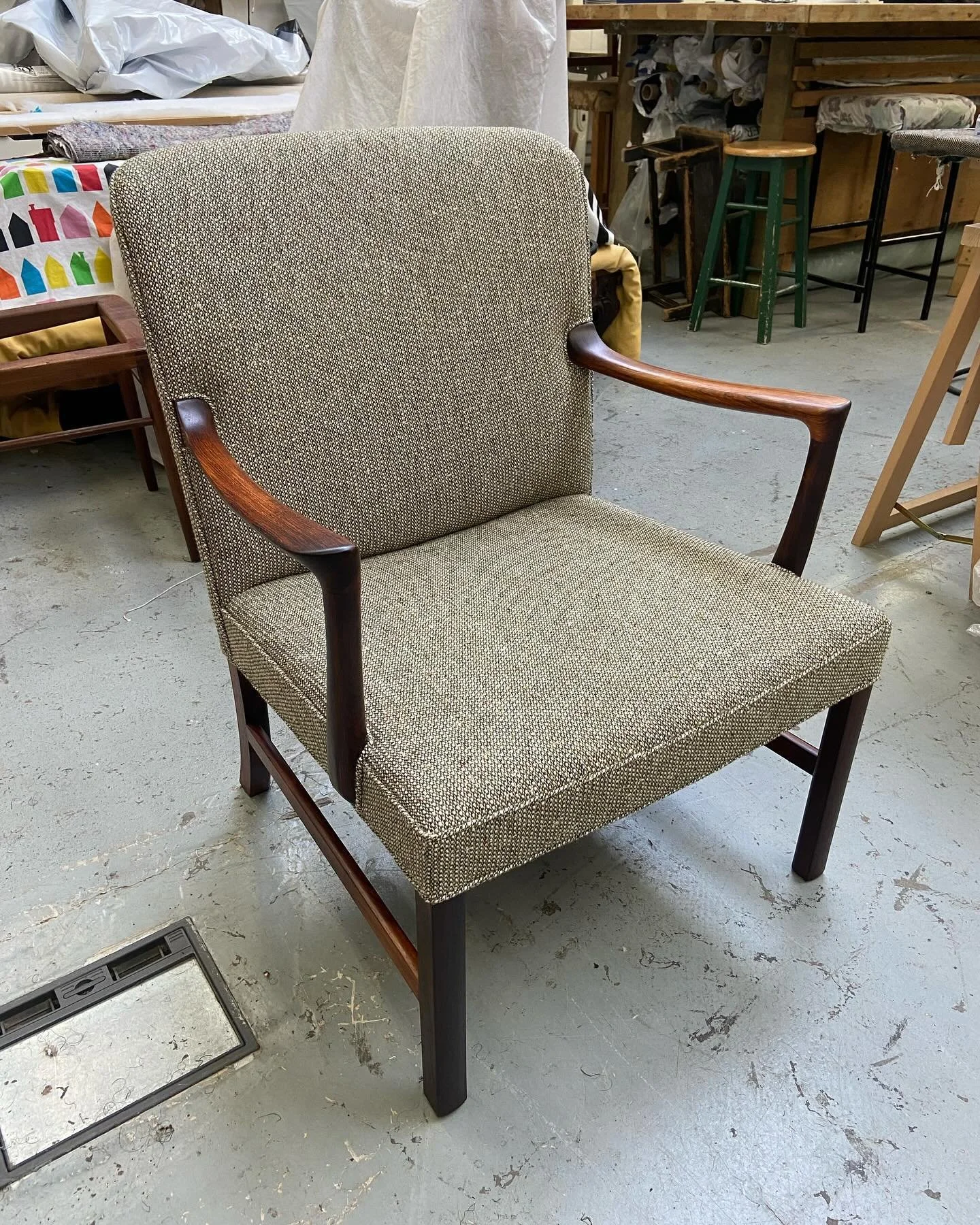 Ole Wanscher armchair upholstered in @abrahammoonsons - the fillings had turned to a big pile of dust so it was such a delight to fully reupholster this one #olewanscher #midcenturychair #upholsterer #londonupholsterer