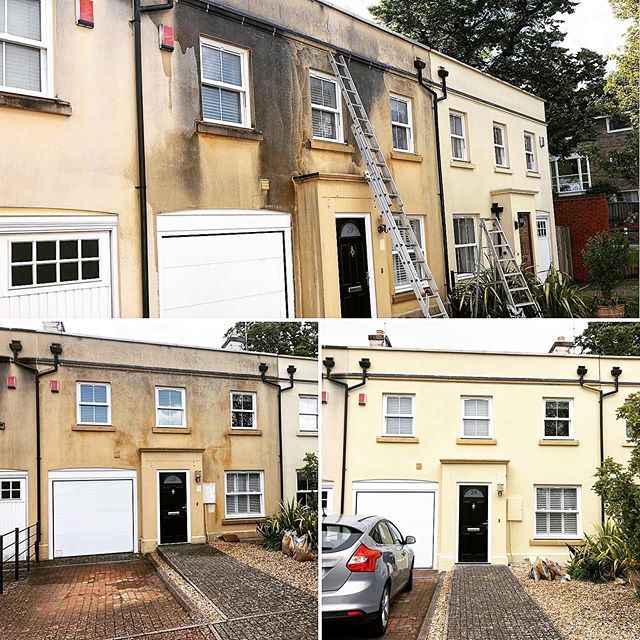 One of exterior jobs of the summer house had been k rendered when built 9 years on suffering with colour fade and lichen and mould growth process was to treat the frontage with fungicidal wash jet wash off then paint with several coats of silicone ba