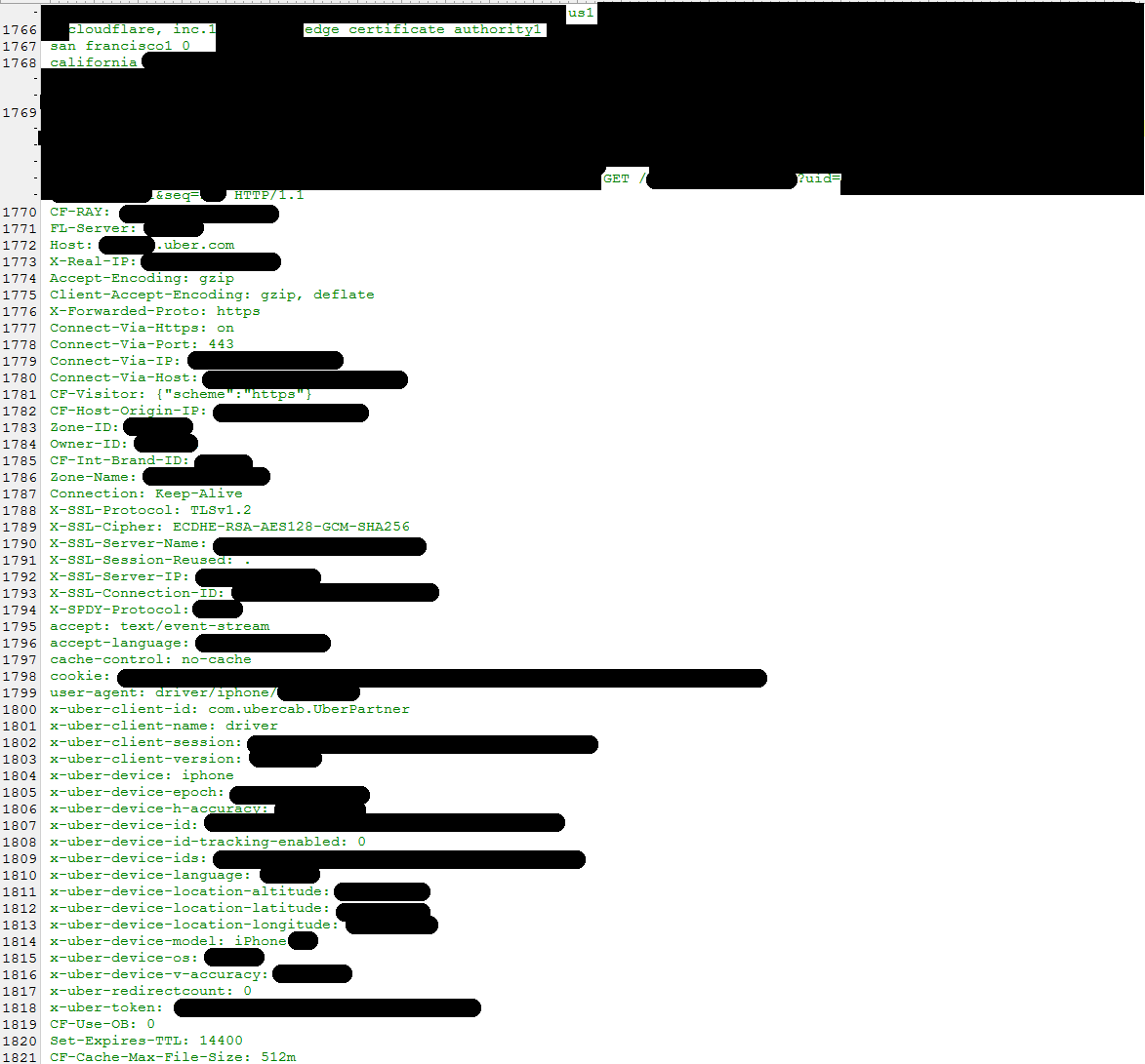 Example of data found leaking from Uber via Cloudbleed including authentication details and driver location details